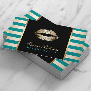 Gold Lipstick Modern Teal & Gold Stripes Salon Business Card