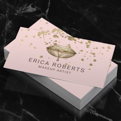 Gold Lipstick Splatter Blush Pink Makeup Artist Business Card