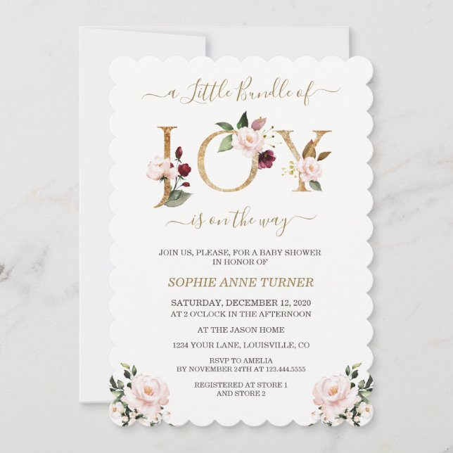 Gold Little Bundle Of Joy Pink Floral Baby Shower Invitation (Front)
