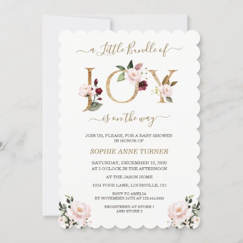 Gold Little Bundle Of Joy Pink Floral Baby Shower Invitation