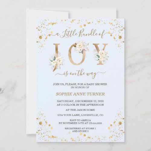Gold Little Bundle Of Joy White Floral Baby Shower Invitation