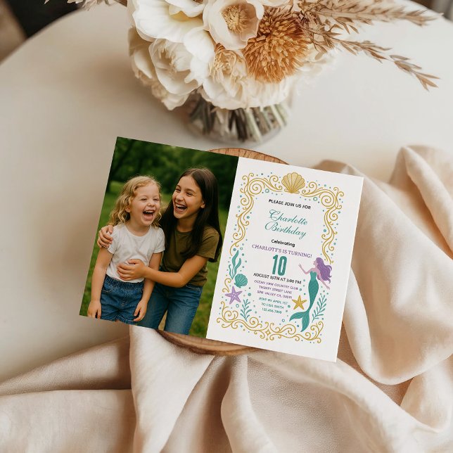 Gold Little Mermaid 10th Birthday  Under the sea Invitation (Creator Uploaded)