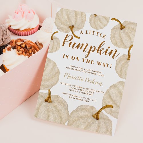 Gold Little pumpkin fall script baby shower Invitation