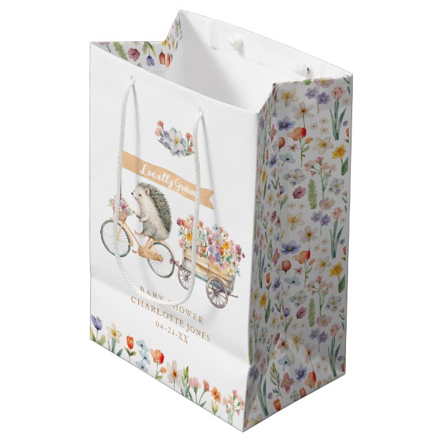 Gold Locally Grown Hedgehog Baby Shower Gift Bag (Front Angled)