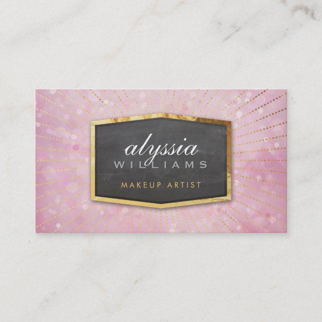 GOLD LOGO art deco elegant sunburst pink bokeh Business Card (Front)