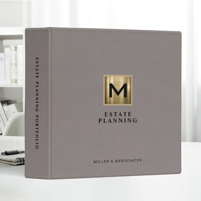 Gold Logo Beige Linen Estate Planning Monogram 3 Ring Binder (Creator Uploaded)
