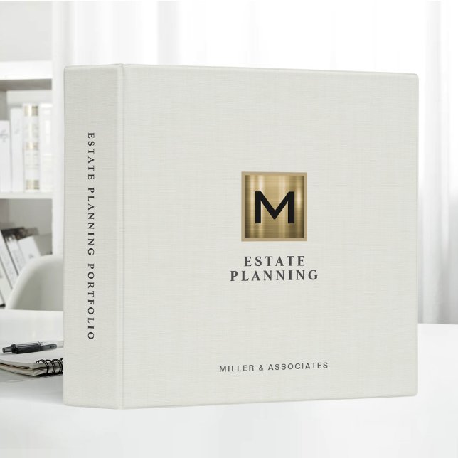 Gold Logo Beige Linen Estate Planning Monogram 3 Ring Binder (Creator Uploaded)