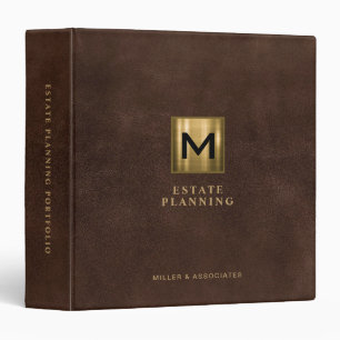 Gold Logo Brown Leather Estate Planning Monogram 3 Ring Binder