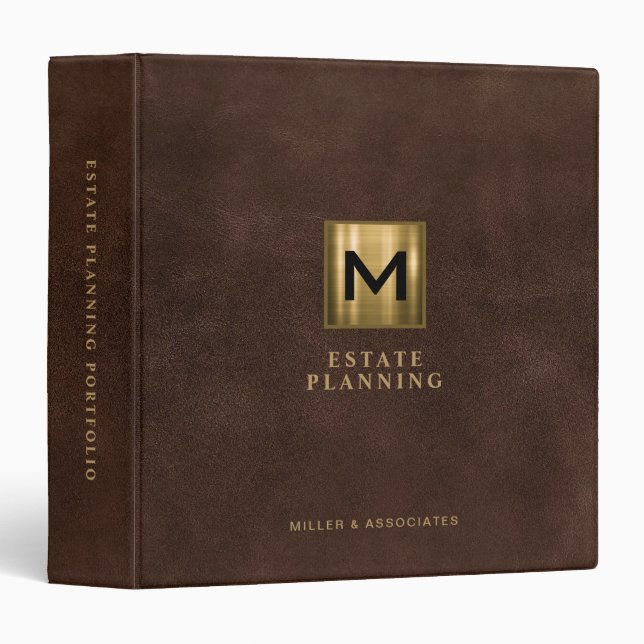 Gold Logo Brown Leather Estate Planning Monogram 3 Ring Binder (Front/Spine)