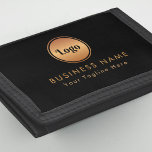 Gold Logo & Custom Text Business Company Branded   Trifold Wallet<br><div class="desc">Showcase your business branding with this custom trifold wallet featuring your gold logo and personalized text. Sleek and professional,  it's perfect for company staff,  corporate gifts,  or employee use. Add your round logo for a bold gold and black design that combines style with function for any business occasion.</div>