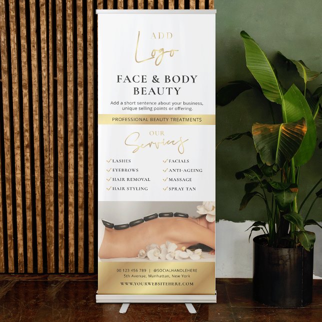 Gold Logo Hair Spa Lash Salon Services Promotional Retractable Banner (Promote your business with this luxury white and gold business retractable banner)