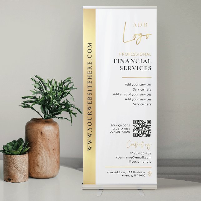 Gold Logo Modern QR Code Business Promotional Retractable Banner (Gold effect corporate banner with space for your logo and QR code)