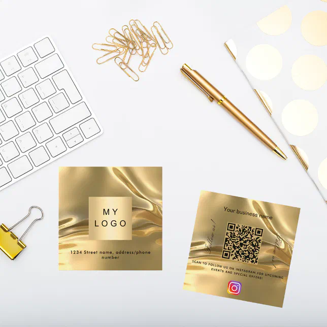 Gold logo QR code Instagram follow us Square Business Card | Zazzle