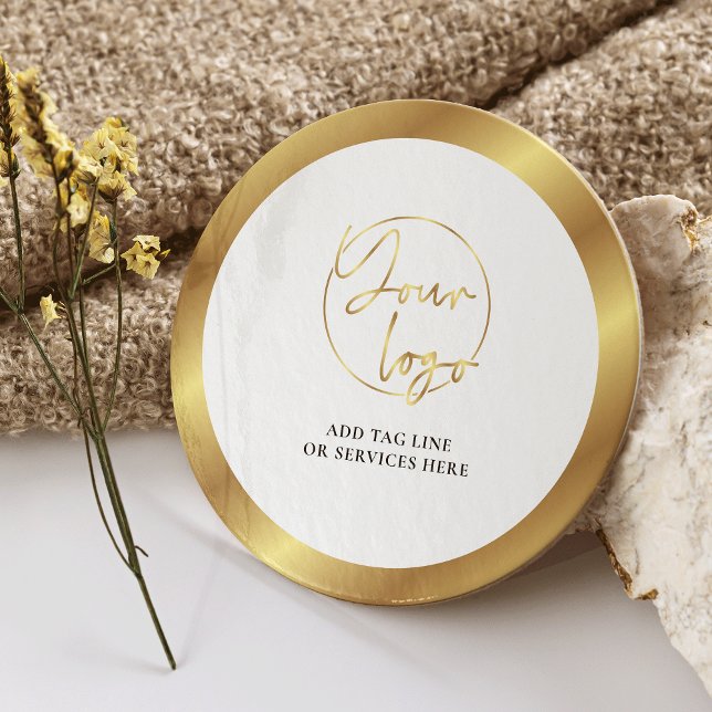 Gold Logo Real Estate Corporate Business Event Round Paper Coaster (Elegant white and gold company logo branded round coasters)
