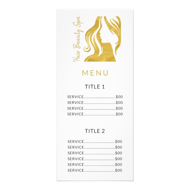 Gold logo white hair salon service menu rack card (Front)
