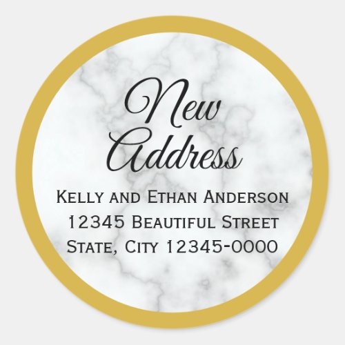 Gold Look and Faux White Marble New Address Classic Round Sticker