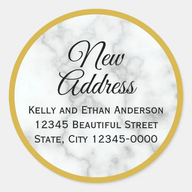 Gold Look and Faux White Marble New Address Classic Round Sticker | Zazzle