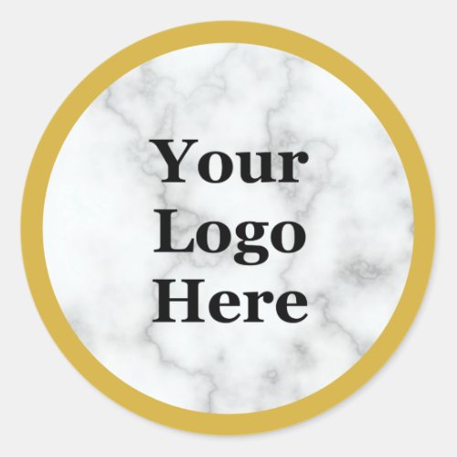 Gold Look and Faux White Marble Your Logo Here Classic Round Sticker