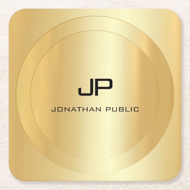 Gold Look Elegant Monogram Template Personalized Square Paper Coaster (Front)