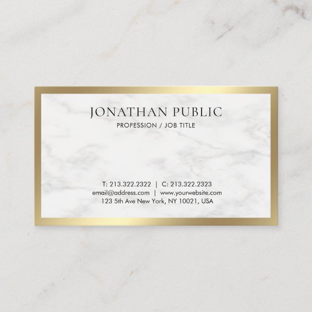 Gold Look Elegant White Marble Modern Template Business Card (Front)