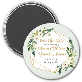 Gold Look Geometric Frame Floral Save The Date Magnet by starstreamdesign at Zazzle