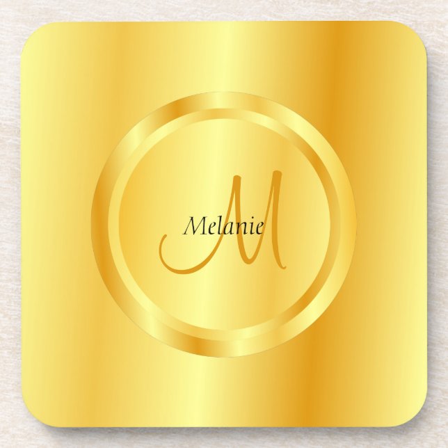 Gold Look Modern Monogrammed Elegant Template Beverage Coaster (Front)