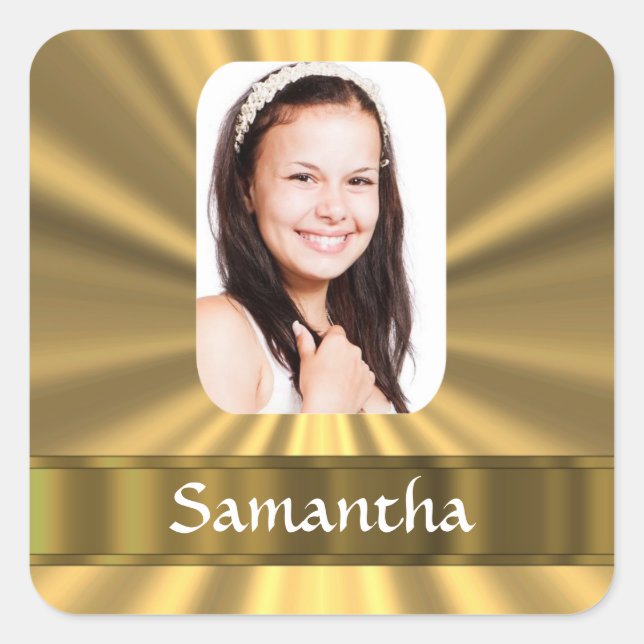 Gold look personalized photo square sticker (Front)