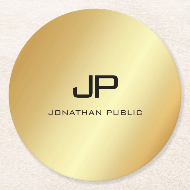 Gold Look Template Monogram Elegant Modern Round Paper Coaster (Front)