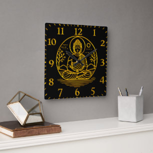 Gold Looking Buddha Seated in Serene Meditation Square Wall Clock