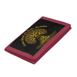 Gold Looking Buddha Surrounded by Intricate Leaves Tri-fold Wallet