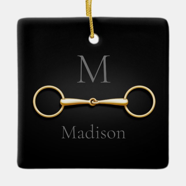 Gold Loose Ring Snaffle Bit Monogrammed Equestrian Ceramic Ornament (Front)