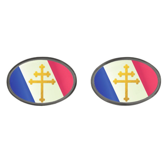 Gold Lorraine Cross & French Flag / France Cufflinks (Front)