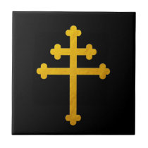 Gold Lorraine Cross on Black / Christian Ceramic Tile