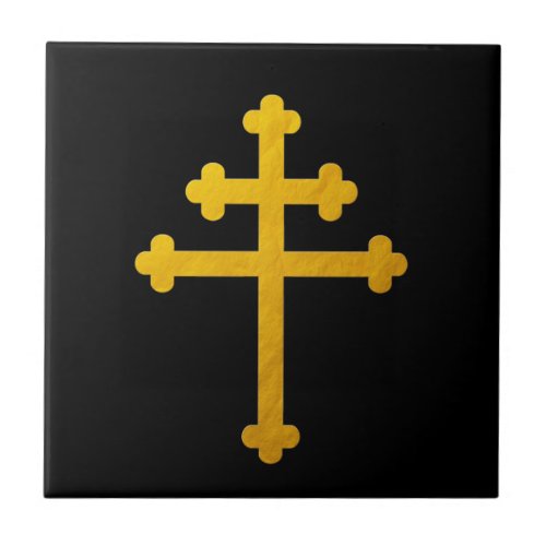 Gold Lorraine Cross on Black  Christian Ceramic Tile