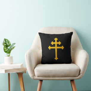 Gold Lorraine Cross on Black / Christian Fashion Throw Pillow