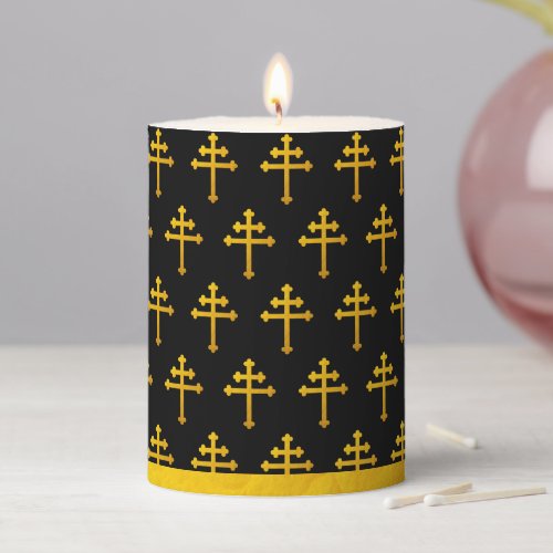 Gold Lorraine Cross on Black  Christian Golden Pillar Candle