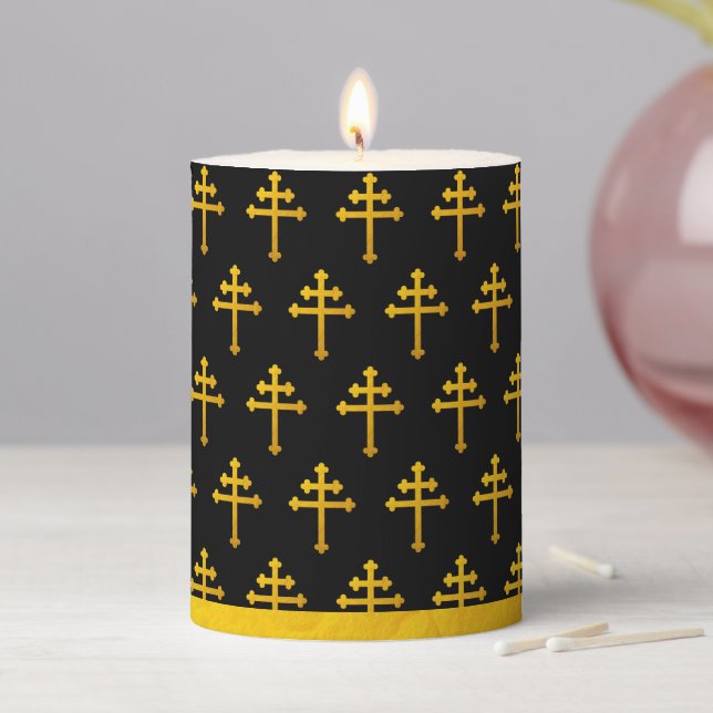 Gold Lorraine Cross on Black / Christian Golden Pillar Candle (In Situ)