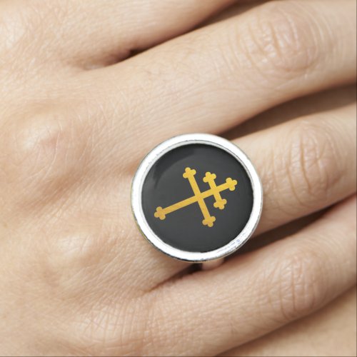 Gold Lorraine Cross on Black  Christian  Ring