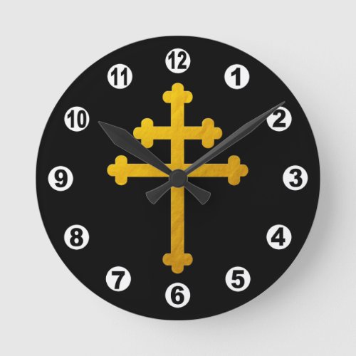 Gold Lorraine Cross on Black  Christian Round Clock