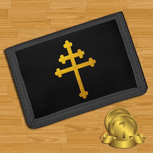Gold Lorraine Cross on Black  Christian Trifold Wallet