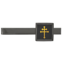 Gold Lorraine Cross on Black / fashion  Gunmetal Finish Tie Bar