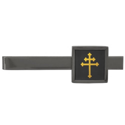 Gold Lorraine Cross on Black  fashion  Gunmetal Finish Tie Bar