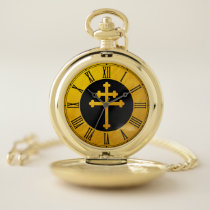 Gold Lorraine Cross on Black / golden Christian Pocket Watch