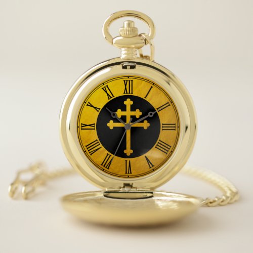 Gold Lorraine Cross on Black  golden Christian Pocket Watch