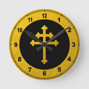 Gold Lorraine Cross on Black /golden Christian Round Clock