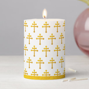 Gold Lorraine Cross on White / Christian Golden Pillar Candle