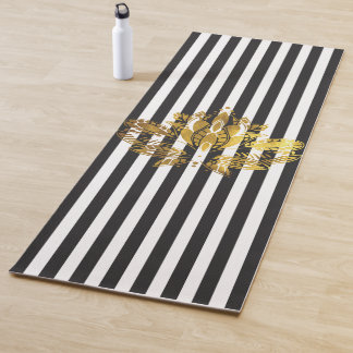Gold Lotus & Black+White Stripes Yoga Mat