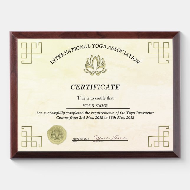 Gold Lotus Certificate Award Plaque (Horizontal)