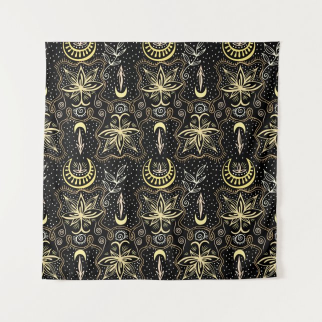 Gold Lotus: Crescent Vintage Elegance. Tapestry (Front)
