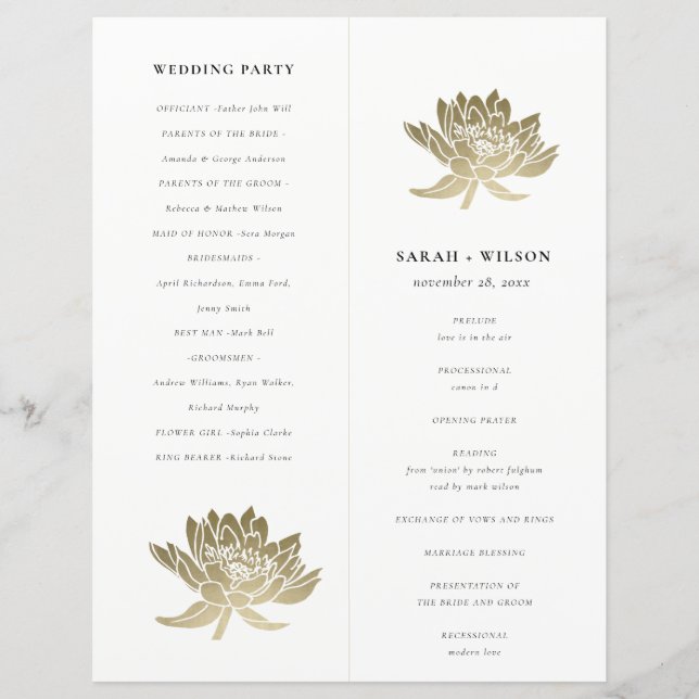 Gold Lotus Floral Foldable Large Wedding Program (Front)